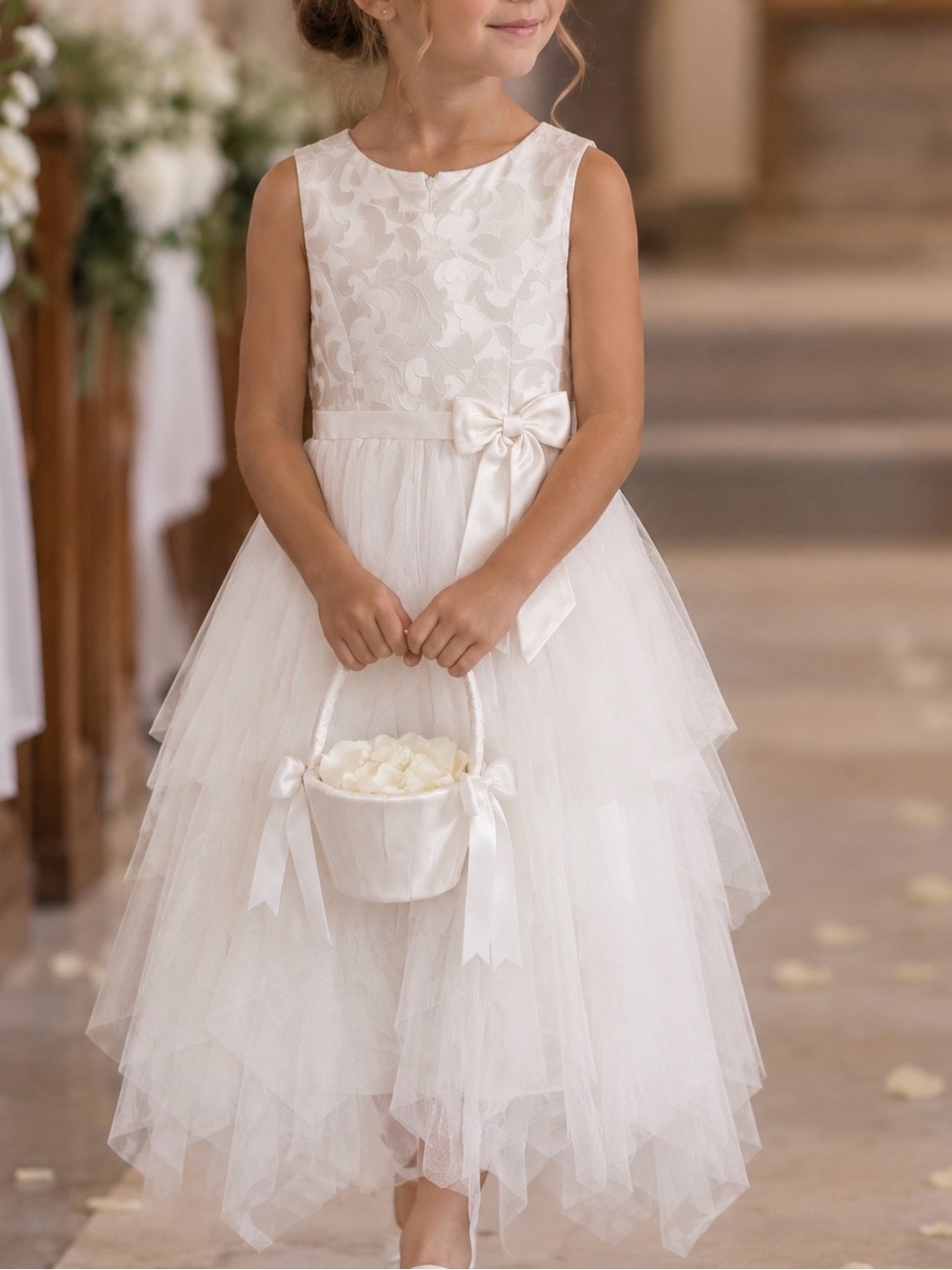 American Princess Ivory Layered Tulle Flower Girl Dress with Bow